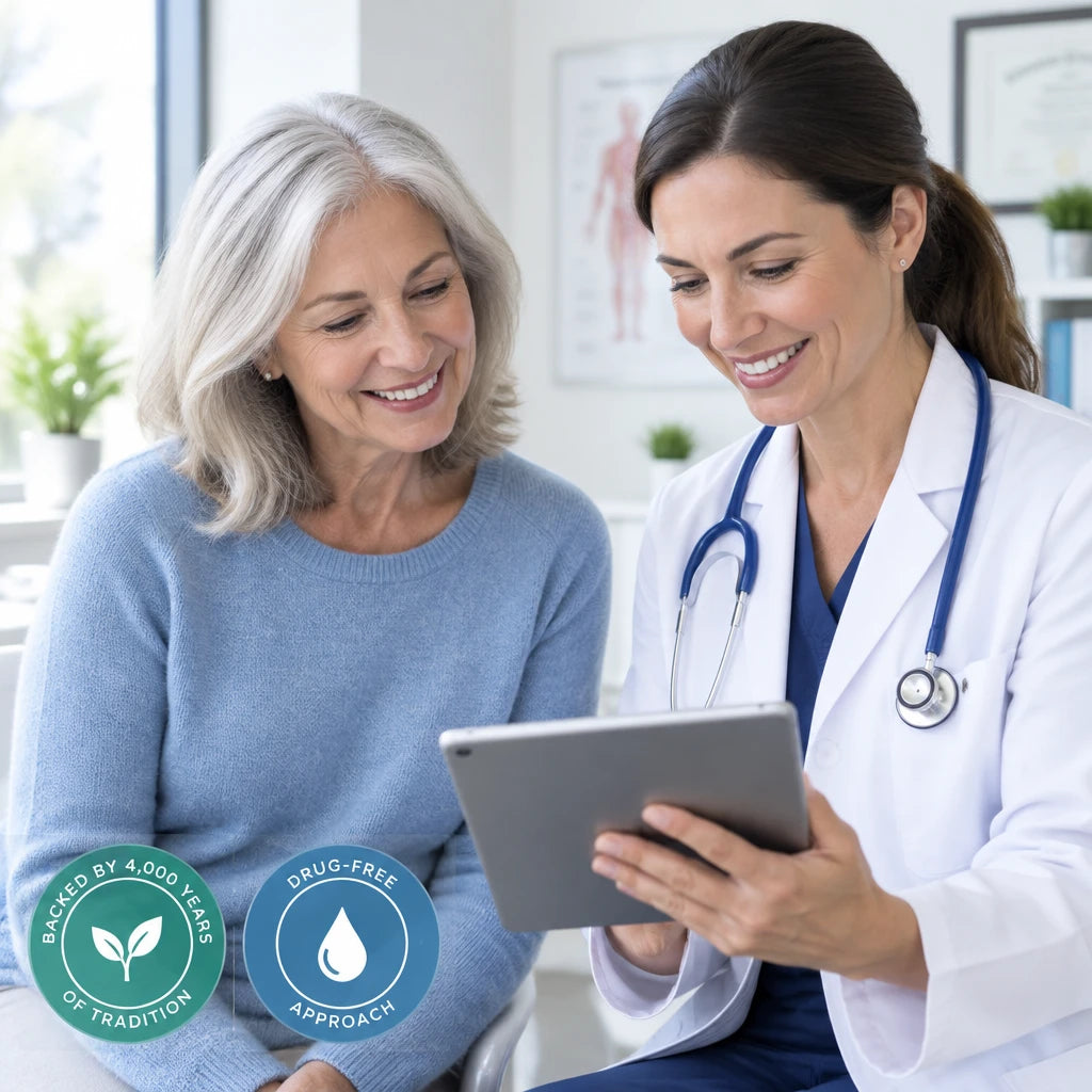 A smiling woman with grey hair reviews information on a tablet with a clinician.