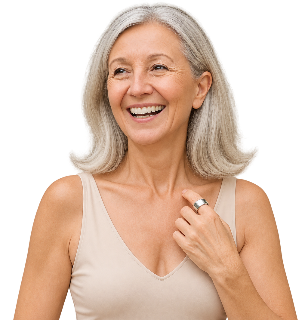 A woman laughing, wearing the EverCalm Ring, one hand resting at her collarbone.